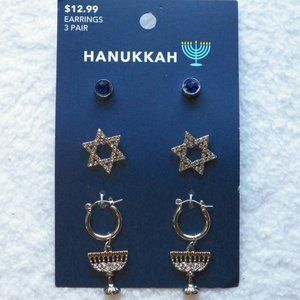 3PR Set Silver Hanukkah Earrings Menorah Star